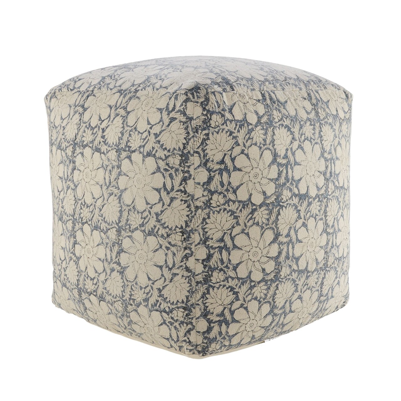 Laddha Home Designs 20" Navy Blue and White Floral Handmade Square Pouf Ottoman
